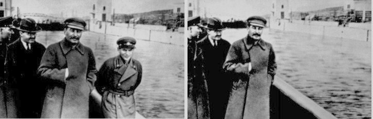 Von links, Verteidigungsminister Woroschilow  und Premier Molotow beim Spazierengehen am großen Lohnsklavenprojekt, dem Moskau-Wolga Kanal, mit Stalin und dem Führer der sowjetischen Geheimpolizei (NKWD) Jeschow, welcher 1939 verhaftet, hingerichtet und anschließend sogar von diesem Bild verschwunden ist.